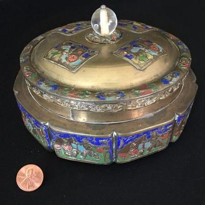 Chinese Enamel Cloissone Box w/ Lid - Footed w/ Glass Finial Lot # 338