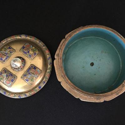 Chinese Enamel Cloissone Box w/ Lid - Footed w/ Glass Finial Lot # 338