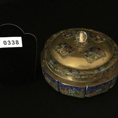 Chinese Enamel Cloissone Box w/ Lid - Footed w/ Glass Finial Lot # 338