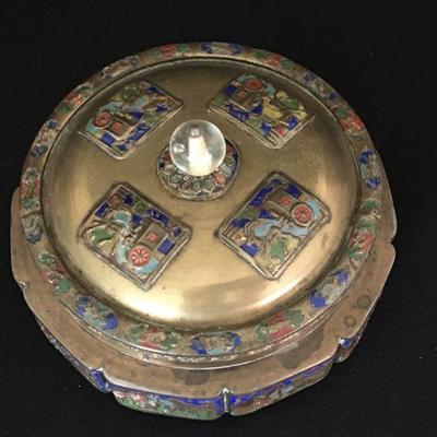 Chinese Enamel Cloissone Box w/ Lid - Footed w/ Glass Finial Lot # 338