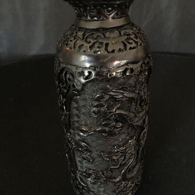 Thailand Hand Embellished Resin Tall Vase/Bottle-Black w/ Dragon Lot # 339