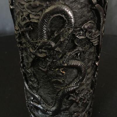 Thailand Hand Embellished Resin Tall Vase/Bottle-Black w/ Dragon Lot # 339
