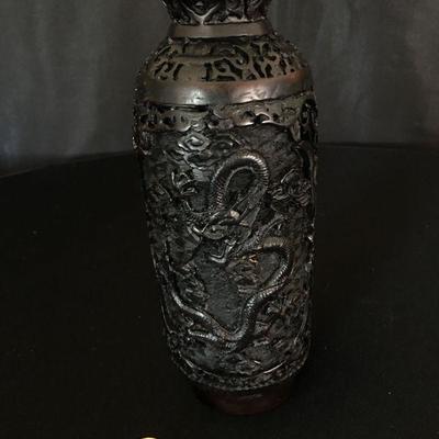 Thailand Hand Embellished Resin Tall Vase/Bottle-Black w/ Dragon Lot # 339