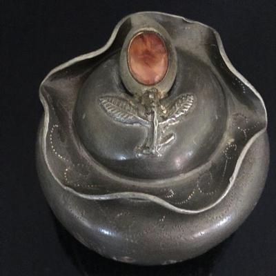 Lidded Chinese Pewter Jar w/ Stone Floral Detail Lot # 340