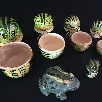 "Frog Haven" Wooden Nesting Frogs & Ceramic Frog Lot # 342