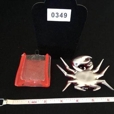 Hand Blown Glass Crab & Matching Dragonfly Holder Set Lot # 349