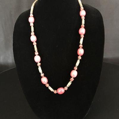 Necklace w/ Porcelain Beads in Warm Grey & Deep Rose