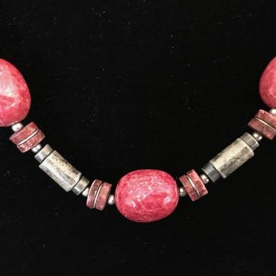 Necklace w/ Porcelain Beads in Warm Grey & Deep Rose