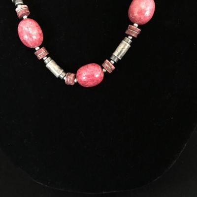 Necklace w/ Porcelain Beads in Warm Grey & Deep Rose