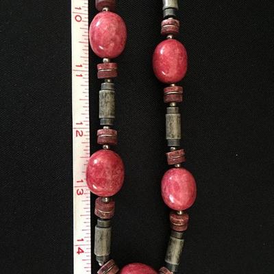 Necklace w/ Porcelain Beads in Warm Grey & Deep Rose