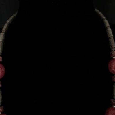 Necklace w/ Porcelain Beads in Warm Grey & Deep Rose