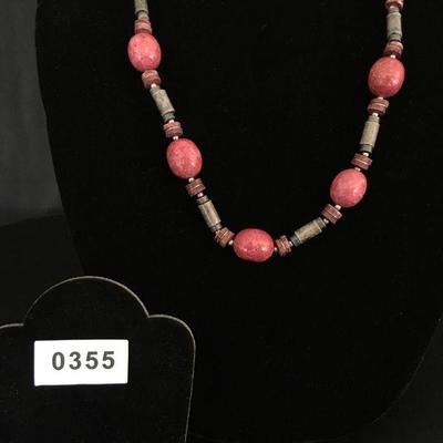 Necklace w/ Porcelain Beads in Warm Grey & Deep Rose