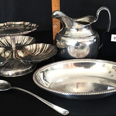 4pcs Silverplate 2-Tiered Candy Dish, Pitcher, Serving Dish and spoon Lot # 362