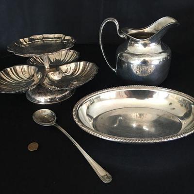 4pcs Silverplate 2-Tiered Candy Dish, Pitcher, Serving Dish and spoon Lot # 362