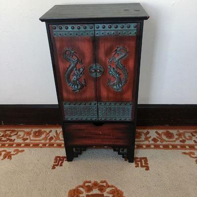 Small Asian Cabinet w/ 2 Doors & 1-Drawer Copper Patina Dragon Lot #398