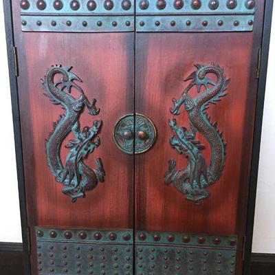 Small Asian Cabinet w/ 2 Doors & 1-Drawer Copper Patina Dragon Lot #398