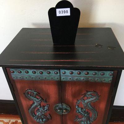 Small Asian Cabinet w/ 2 Doors & 1-Drawer Copper Patina Dragon Lot #398