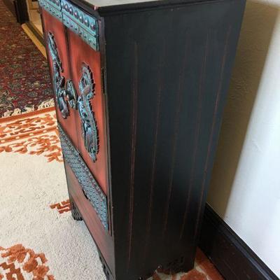 Small Asian Cabinet w/ 2 Doors & 1-Drawer Copper Patina Dragon Lot #398