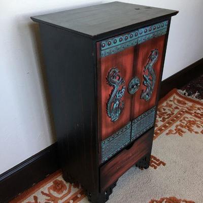Small Asian Cabinet w/ 2 Doors & 1-Drawer Copper Patina Dragon Lot #398