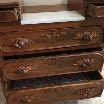 Antique Victorian Eastlake Walnut Dresser w/ Marble Top & Mirror Lot # 403