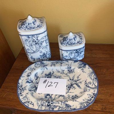 Lot 127 two jars with lids and serving plate 
