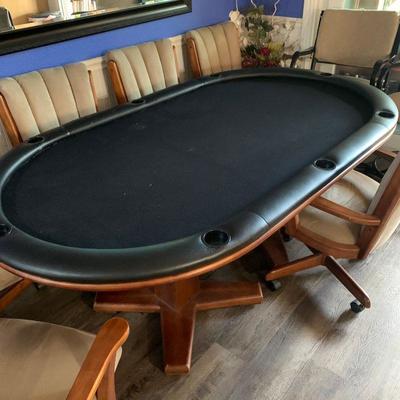 Lot 136 dining table, six chairs table is reversible with a gaming table on second side
