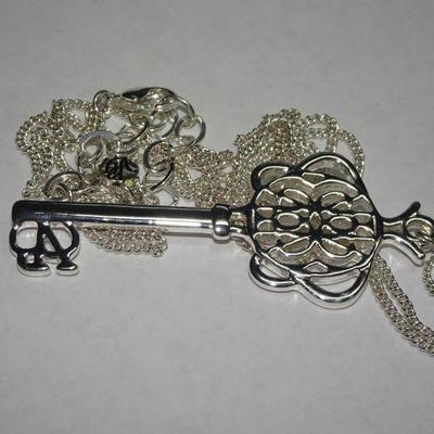 Vera Bradley Key Pendant, Silver Tone Skeleton Key Necklace 