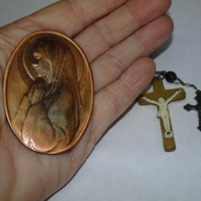 Religious Relic Craft Lot, Crucifix, Rosary, Copper Virgin Mary Trivet