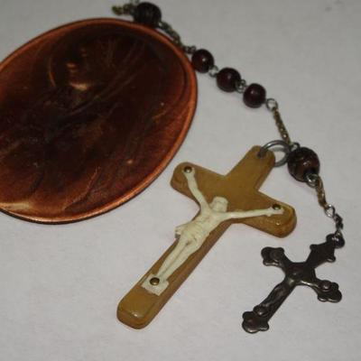 Religious Relic Craft Lot, Crucifix, Rosary, Copper Virgin Mary Trivet