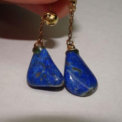 Beautiful Blue Stone Dangle Post Earrings, Lapis, Turquoise? Gold Tone 