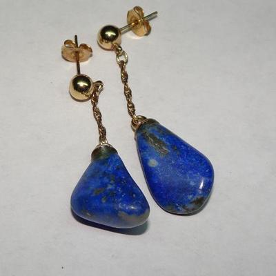 Beautiful Blue Stone Dangle Post Earrings, Lapis, Turquoise? Gold Tone 