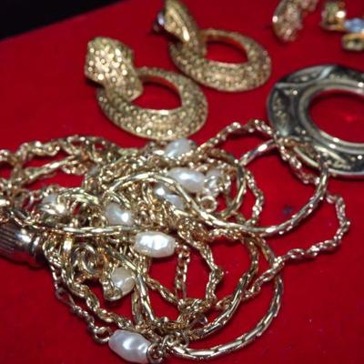 Gold Tone Jewelry Lot, Rich Gold Colors, Earrings, Pendant, Salt Water Pearl Earrings