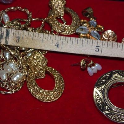 Gold Tone Jewelry Lot, Rich Gold Colors, Earrings, Pendant, Salt Water Pearl Earrings