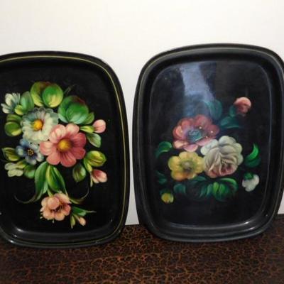 Set of Two Metal Serving Trays Hand Painted Made in U.S.S.R. 24