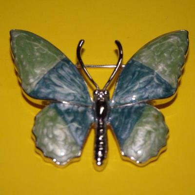 Beautiful Blue & Green Butterfly Brooch, Silver Tone  