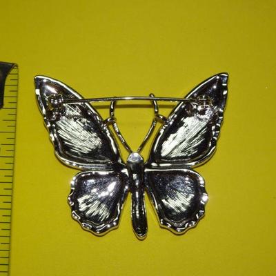 Beautiful Blue & Green Butterfly Brooch, Silver Tone  