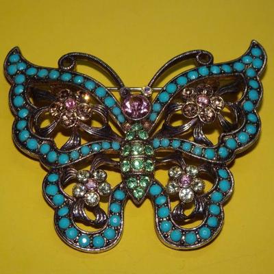 Teal & Pink Beaded Victorian Style Butterfly Brooch - Amazing~ 
