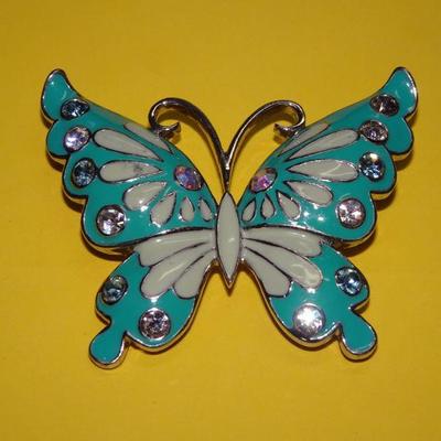 Teal, Cream & Rhinestone Butterfly Brooch 