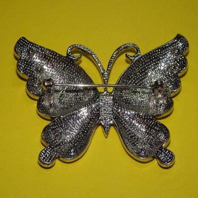 Teal, Cream & Rhinestone Butterfly Brooch 