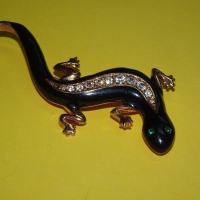Vintage Avon Lizard, Gecko Pin, Black & Gold Tone Rhinestone