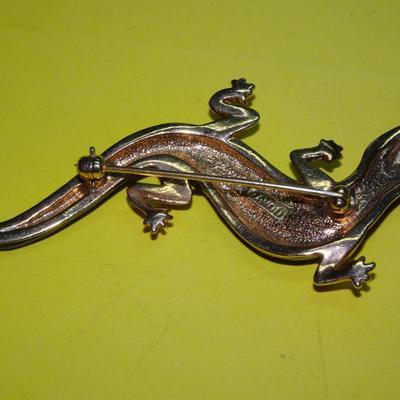 Vintage Avon Lizard, Gecko Pin, Black & Gold Tone Rhinestone