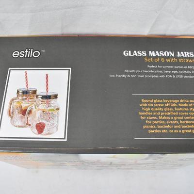 Estilo Mason Jar Mugs & Straws Old Fashioned Glass Set 6, 16 oz Each - New