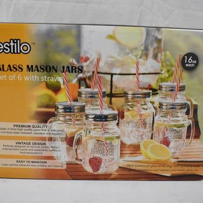 Estilo Mason Jar Mugs & Straws Old Fashioned Glass Set 6, 16 oz Each - New
