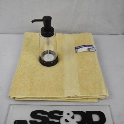 2 pc Bath: BH&G Single Bath Towel & Mainstays Lumis Clear/Bronze Soap Pump - New