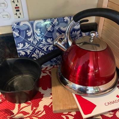 Lot 227  Red tea kettle and misc, items