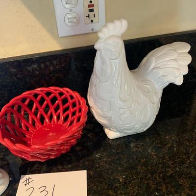 Lot 231  three white chicken and a red woven open bowl