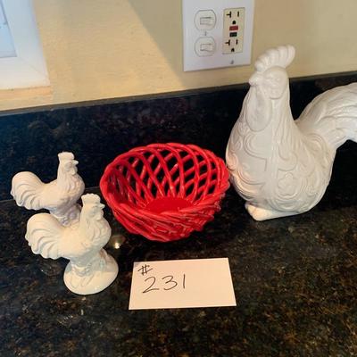 Lot 231  three white chicken and a red woven open bowl