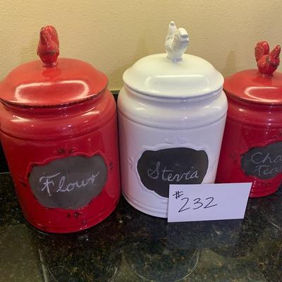 Lot 232 Red and White Kitchen Canister set