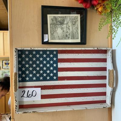 Lot 260. wooden American flag tray and art