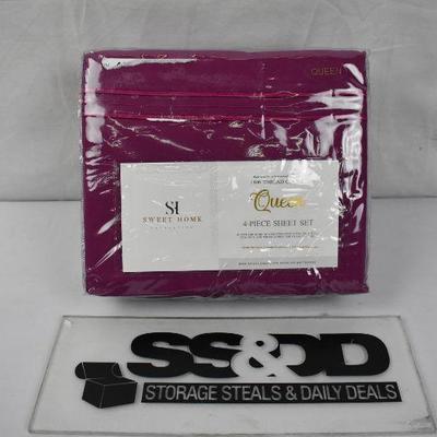 Dark Pink Queen Sheet Set, 1500TC Egyptian Microfiber Deep Pocket. Small Cut